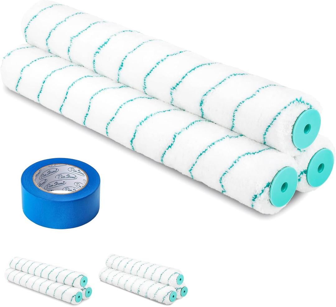18 Inch Microfiber Paint Roller Covers, 3pcs 3/8" Nap Rollers with A Professional Painters Tape, Large Lint-Free Cover Refills for 18" Frame, Painting Walls, Ceilings, Floors, Garage
