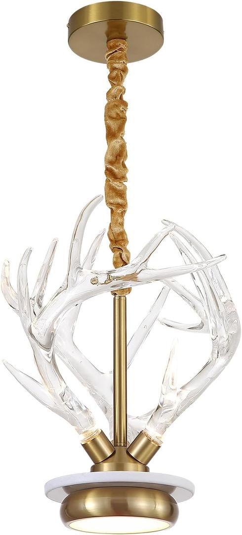 Acrylic Antler Chandelier Ceiling Light Fixtures, Clear Deer Chandelier Lighting, Dimmable Deer Horn Pendant Light Curved Antler & Gold 11.8" Single Tier 3 Lights
