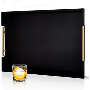 22 Inch Rectangle Black Ottoman Tray with Gold Metal Handles, Extra Large Wooden Serving Tray for Living Room, Coffee Table, Kitchen & Hosting