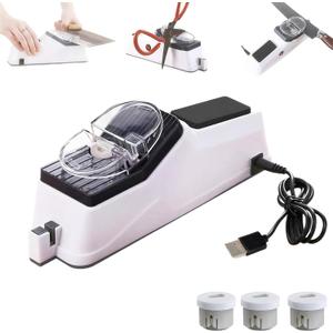USB Electric Knife Sharpener for Home Commercial Chef, Double Sided Knife Sharpener, Quick Sharpening & Polishing-With 3 Pcs Replacement (White)