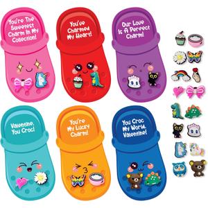 4E's Novelty 48 Pcs Valentines Cards with 96 Cute Shoe Charms, Bulk Valentines Day Cards & Gifts for Kids School Valentines Classroom Exchange Toy with Card, Boys Girls Valentines Party Favors