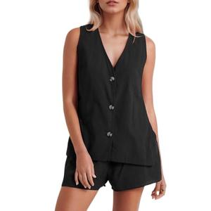Kedera Womens 2 Piece Suits Set Button Down V Neck Vest Summer Holiday Trendy Sleeveless Tops and Shorts with Pockets B-Black, M