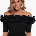 Xscape Women's Long Off-the-Shoulder Ruffle Neck Formal Evening Gown with ¾ Sleeves and Back Slit, Black, 8P