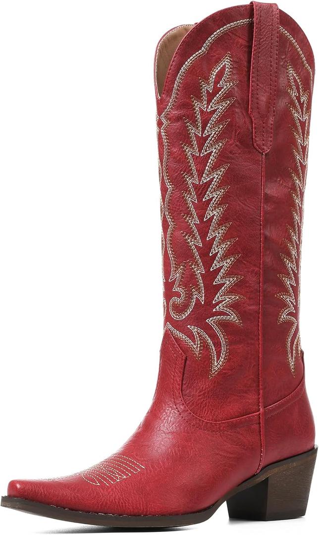 Tscoyuki Cowboy Boots for Women: Embroidered Western Knee High Boots Women - Pointed Toe Chunky Heel Cowgirl Tall Boots (8)