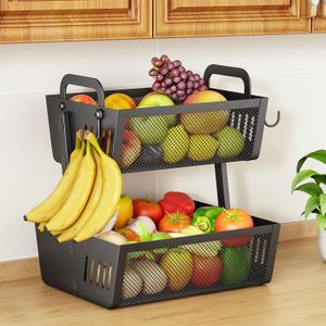 SAYZH Fruit Basket Bowls For Kitchen Counter with Banana Hangers - Detachable Metal Mesh Basket Fruit Stand with Handle - Kitchen Vegetables Bread Snacks Storage Organization, 2 Tier Black
