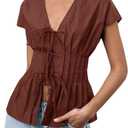SHENHE Women's Dressy Casual Peplum Blouse Pleated Cinched Waist Short Sleeve Blouse Top, Burgundy (M)