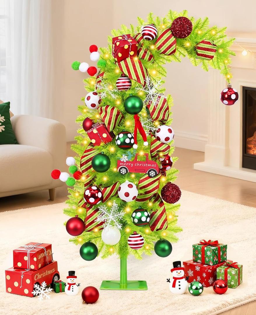 Krelymics 3FT Pre-Decorated Whimsical Small Christmas Tree with Lights, Artificial Bendable Mini Tabletop Christmas Tree with Metal Base & Ornaments for Home Holiday Decor(Lime Green)