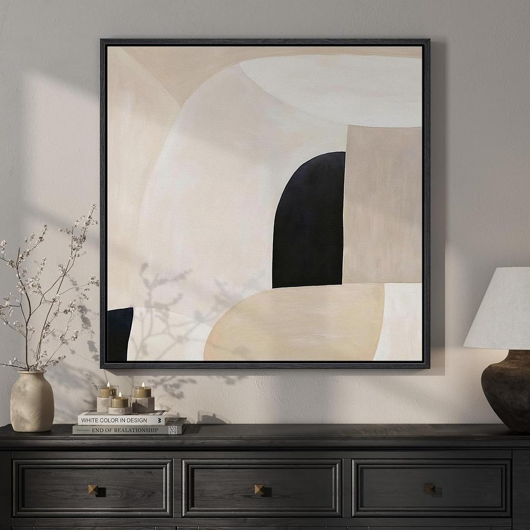 Framed Square Neutral Abstract Room Decor Wall Art, Minimalist Beige Geometric Canvas Artwork for Walls, Mid Century Modern Arch Painting Print for Living Room Bedroom Hallway Wall Decor, 24x24 Inch