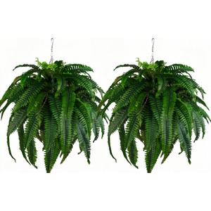 QIANYUN Outdoor Artificial Plants-2PCS Artificial Outdoor Hanging Fern Faux Greenery UV Resistant Plastic Plants for Front Porch Living Room Garden Decor- Including Hanging Planters (Dark Green)