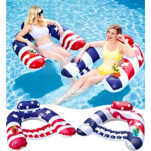 2 Pack Inflatable Pool Floats Chair Adults, American Flag Pool Lounge Chair with Cup Holders & Backrest, Blow Up Patriotic Swimming Floating Water Pool Floaties for 4th of July Party Summer Beach Lake