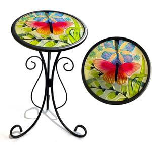 HONGLAND Outdoor Side Table, Small Outdoor Table, 12" Round Patio Side Table End Table, Glass Plant Stand, Small Bistro Coffee Table for Garden Patio Porch Living Room (Butterfly)