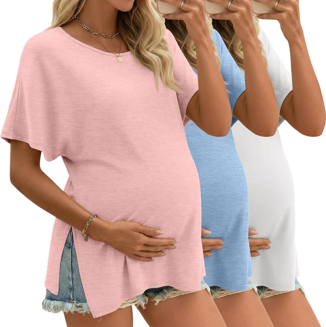 Riyiper 3 Pack Women's Maternity Tunic Shirts Cotton Summer Pregnancy Clothes Loose Oversized Split Side Blouse Tops (Large, Light Pink, Light Blue, White)