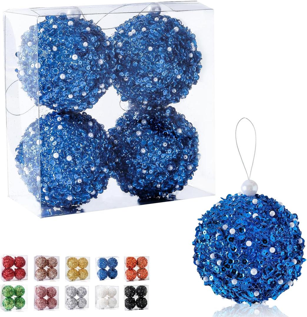 4.25" Christmas Ball Ornaments, 4pc Set Shatterproof Christmas Decorations Tree Balls for Xmas Trees Wedding Party Holiday Decorations Tabletop Small Trees Decoration (Blue)