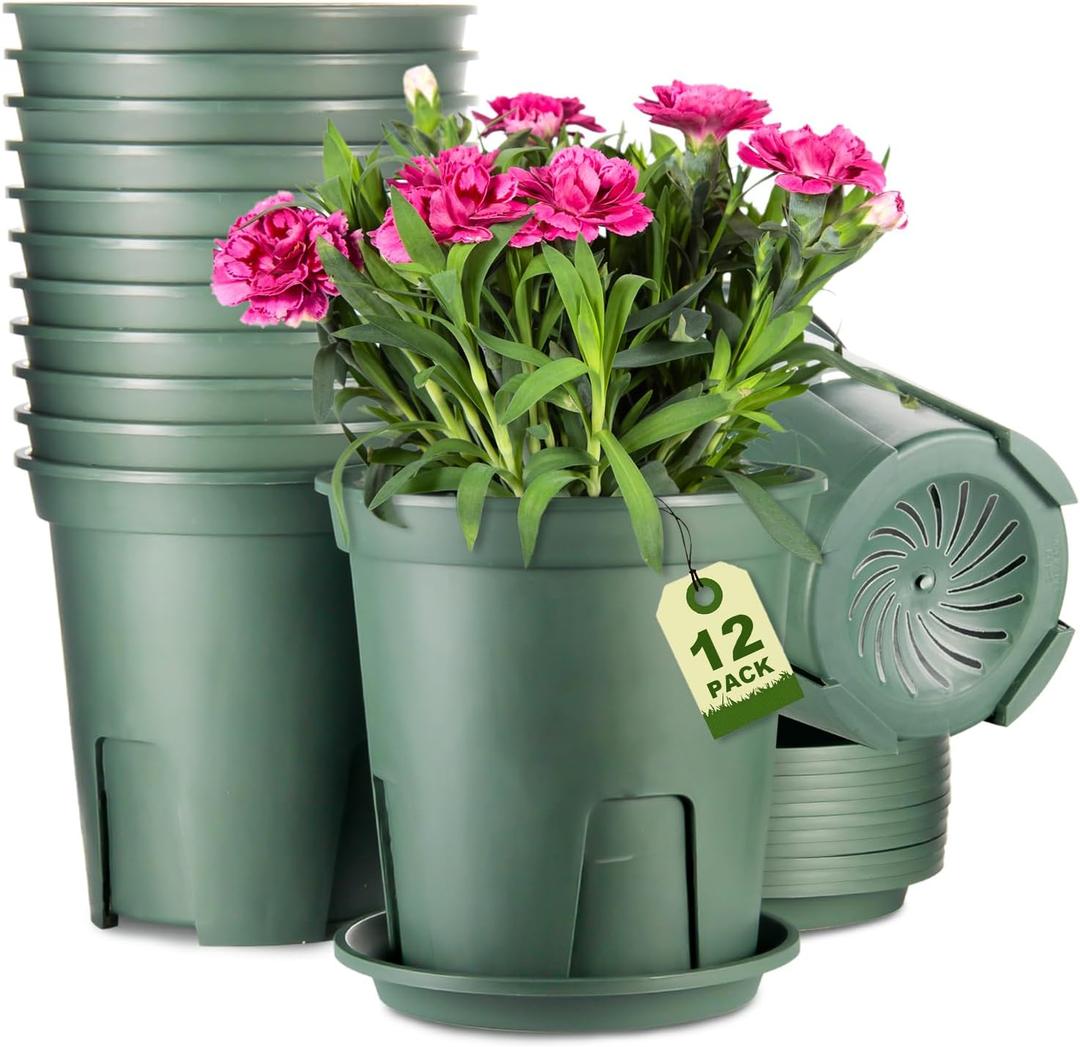 EHWINE Plant Pots, 12 Pack 7 Inch Plastic Planters for Indoor Plants with Drainage Hole and Tray, Flower Nursery Pot Indoor Plant pots for Patio Garden Home Office Flowers Succulents