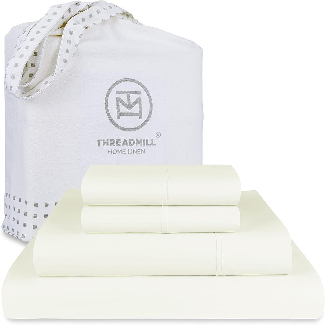 Threadmill 100% Supima Cotton Sheets, 1200 Thread Count Cotton for Cal King Size Bed, 4 Pc Ivory Cal King Bed Sheets Set, 5-Star Hotel Quality with Elasticized Deep Pocket King Sheets