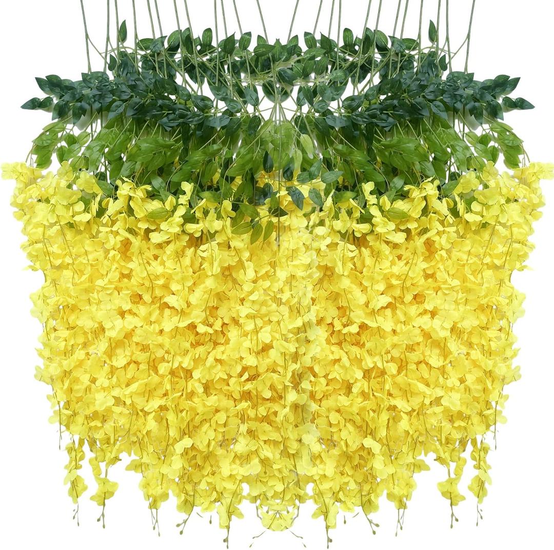 Artificial Wisteria Hanging Flowers Fake Wisteria Flower Garland Silk Vines Rattan Decor for Home Wedding Arch Wall Garden Greenery Bedroom Outdoor Office Party Decoration (12, Yellow)