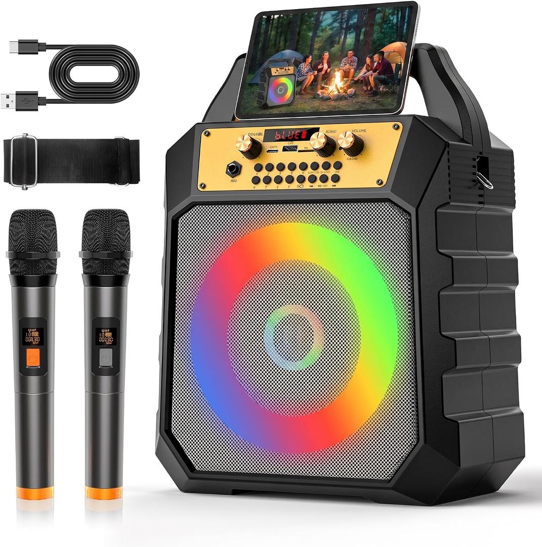 Portable Karaoke Machine for Adults & Kids Coaxial Speaker with 2 Wireless Microphones,Bluetooth PA System with 5 Dynamic LED Lights Mode,Supports TF/SD/USB,AUX,FM,REC for Home Party (171-gray)
