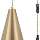 Gold Plug In Pendant Light,Hanging Lights With Plug In Cord On/Off Switch, Mini Brass Pendant Lights for Kitchen Island,Modern Chandeliers Light Fixture with Metal Shade,Hanging Lamps for Bedroom