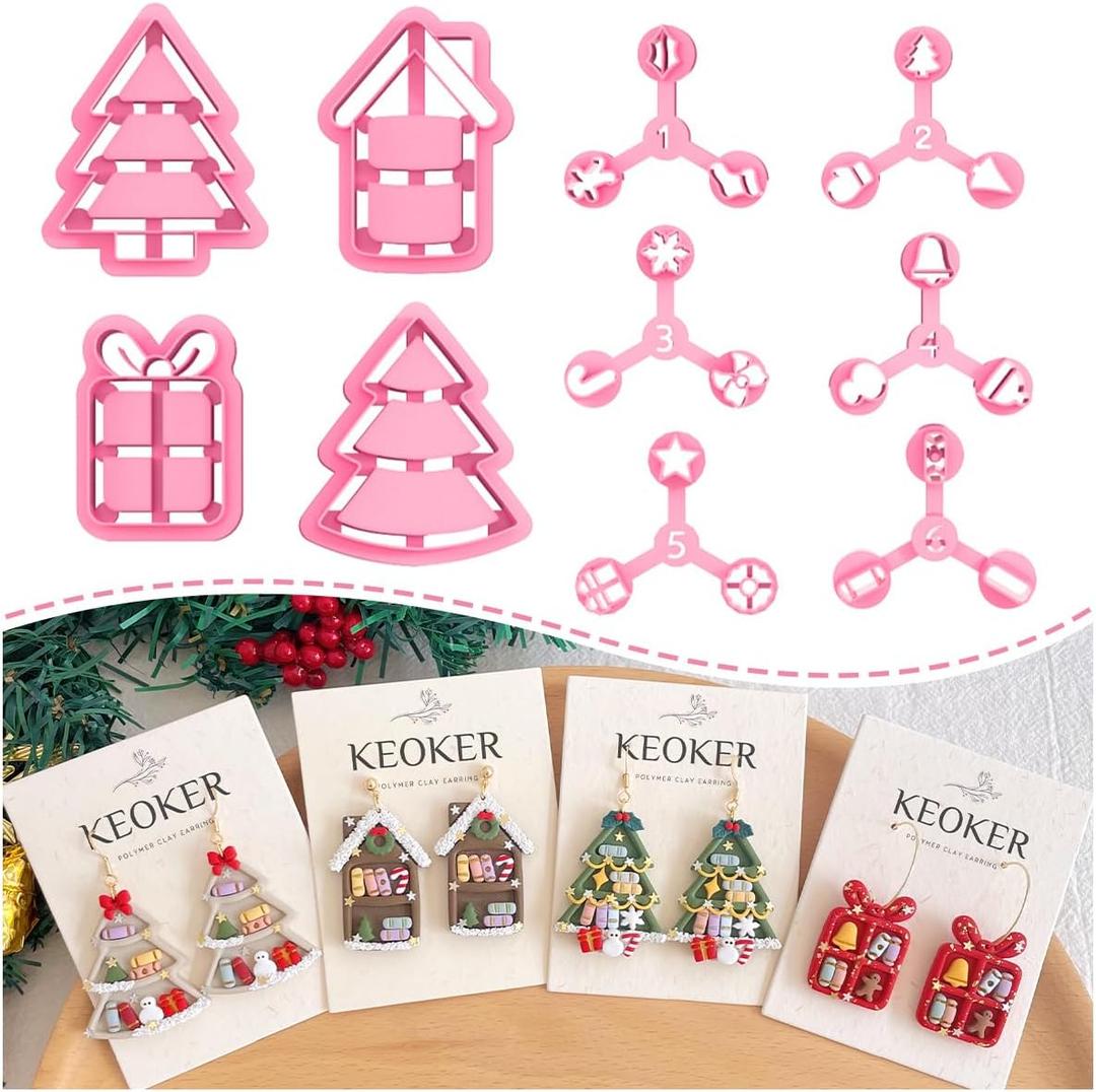 KEOKER Christmas Bookshelf Clay Cutter, 10 Shapes Christmas Clay Earring Cutters for Jewelry Making
