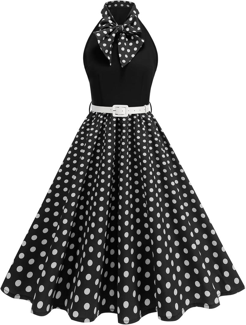 ODIZLI 1950s Dress for Women Retro Sleeveless Tie Neck Polka Dot Swing Dress with Belted Evening Party Cocktail Dresses (XL)