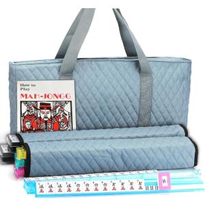 American Mahjong Game Set - Pearl Gray Quilted Soft Bag - 166 White Engraved Tiles, 4 All-in-One Rack/Pushers Complete Western Mah-Jongg, Maj Jongg, Ma Jong Set