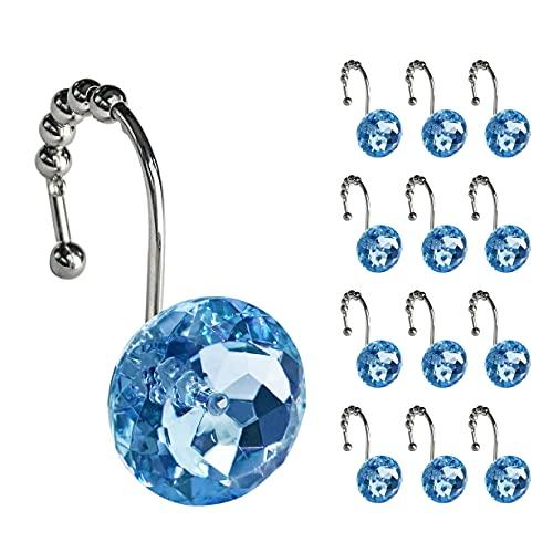 Sunlit Luxury Design Round Blue Diamond Crystal Gem Bling with Glide Balls Shower Curtain Hooks, Rust Proof Metal Rhinestones Glam Shower Curtain Rings-10 Pack
