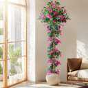 7FT Tall Bougainvillea Artificial Tree for Outdoors or Indoors, Faux Tree Realistic Wood with Flowers in Plastic Pot Front Porch Plants, Home, Office, Red