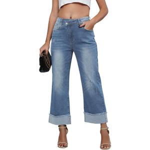 Genleck Wide Leg Cropped Jeans for Women Trendy High Waisted Crossover Boyfriend Jeans Mom Baggy Stretchy Denim (Blue, XS)