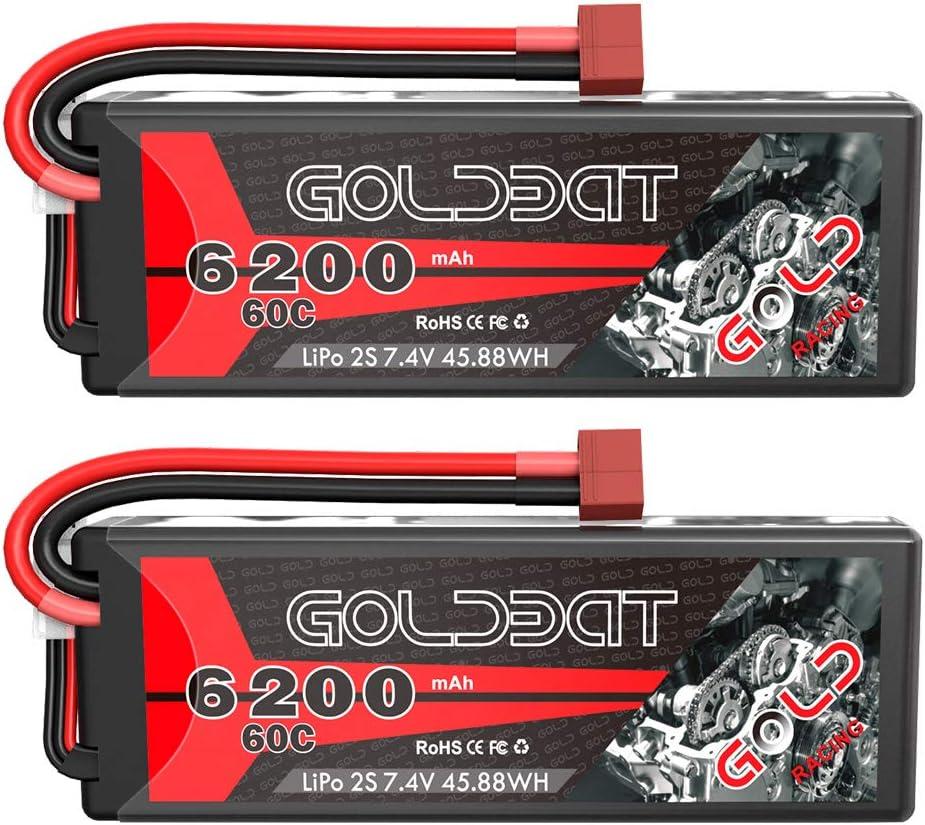 GOLDBAT 6200mAh 2S 60C 7.4V RC LiPo Battery Pack Hard Case with T Connector for RC Vehicles Car Truck Truggy (2 Pack)