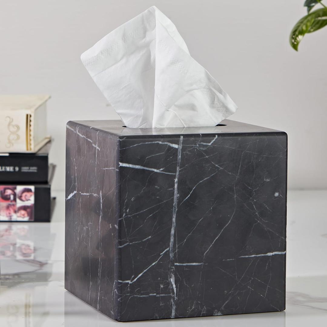 Natural Black Marble Tissue Holder, Removable Tissue Box, Tissue Dispenser with Acrylic Board Bottom, for Bathroom, Living, Bedroom, Dressing Table, Kitchen, Office, 5.5X5.5X5.7 Inch Napkin Box