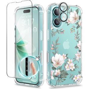 GVIEWIN for iPhone 16 Case, with Screen Protector & Camera Lens Protector, Floral Shockproof Protective Bumper Slim Soft Clear Phone Cover for Women 2024 6.1" (Magnolia/White)