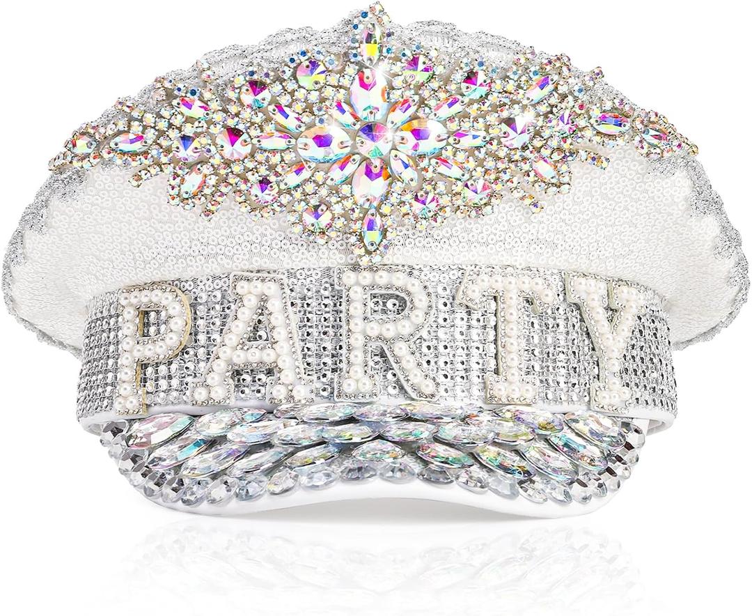 WRINGKIT Rhinestone Captain Hat, Sparkle Party Cap with Pearls, Glitter Bride Hat Crowns with Letter, Disco Hat for Christmas Bachelorette Party Wedding Decorations