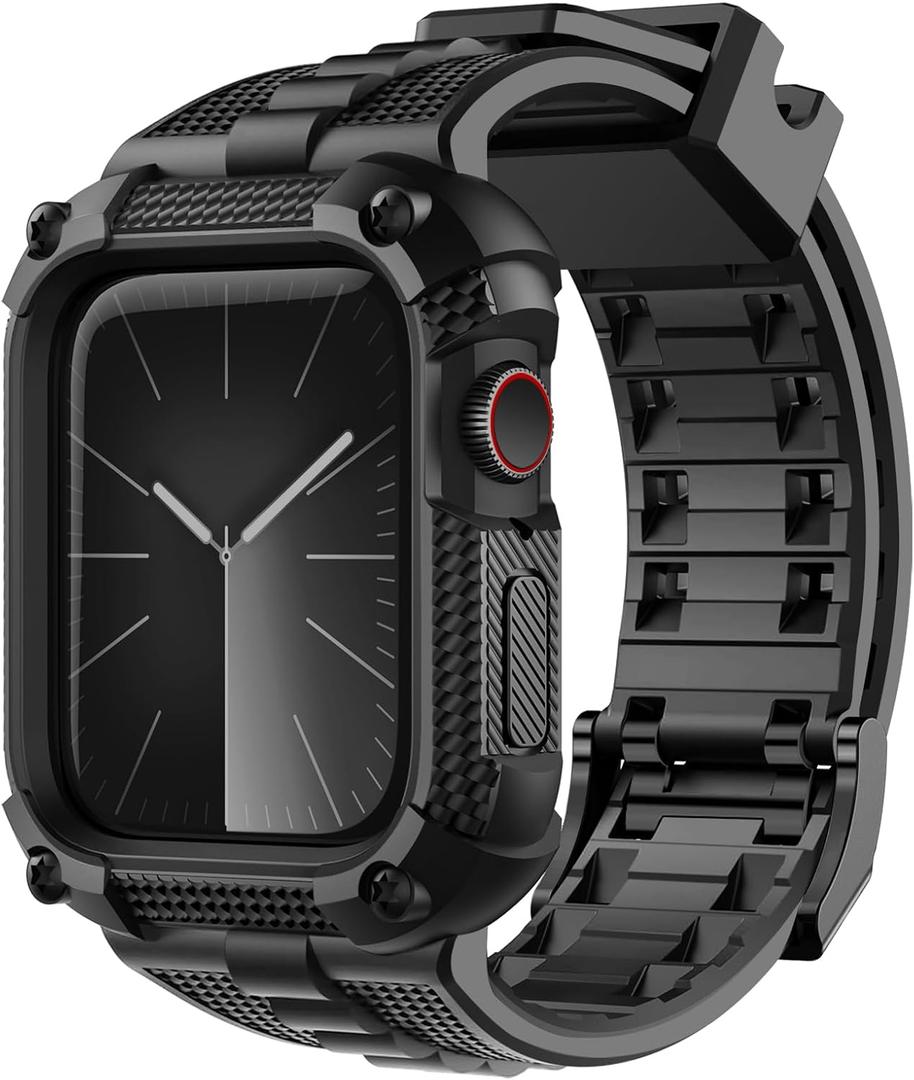 Fullmosa Compatible with Apple Watch Bands 49mm 46mm 45mm 44mm 42mm 41mm 40mm Series 11 10 9 8 7 6 5 4 Ultra 3/2/1, SE 3/2/1, TPU Rugged iWatch Strap Military Grade Shockproof Bumper Case for Men Women, 44mm, Black