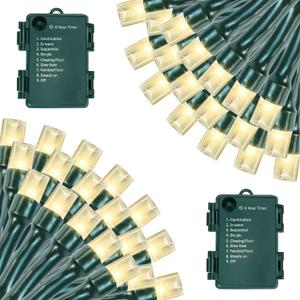Battery Operated Christmas Lights, 33 FT 100 LED Mini String Lights with Timer and 8 Modes, Green Wire Outdoor Waterproof String Lights for Indoor Holiday Party Garden Decor, Warm White 2 Pack