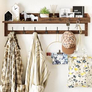 AMBIRD Coat Rack Wall Mount, 35 inch Large Wall Hooks with Shelf, Entryway Shelf with 7 Dual Coat Hooks 4 Key Hooks Mail Organizer, Wooden Coat Hanger and Key Holder Wall Mount (Brown)