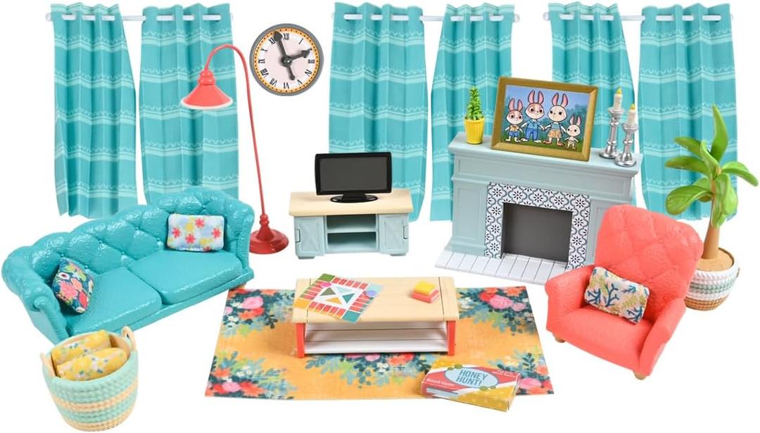 Honey Bee Acres Cozy Living Room Dcor  28 Pieces Accessory Set | Colorful Farmhouse Doll Furniture | Pretend Play Toys for Kids - Sunny Days Entertainment