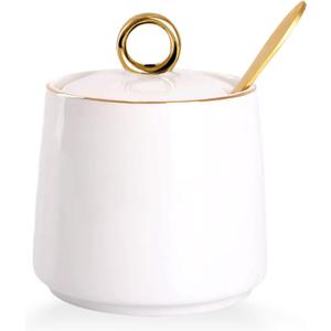 WHJY Ceramic Sugar Bowl with Lid and Spoon, Simple White Clear Porcelain Salt Bowl Salt Container, Modern Spice Box Seasoning Jar for Home and Kitchen Coffee Bar - White