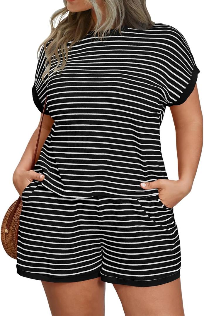Beautife Womens Plus Size Lounge Set 2 Piece Outfits Stripe Short Sleeve Shirts Tops Shorts Summer Casual Loungewear Black (Black)