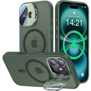 VOFATA [Upgraded] for iPhone 16 Case with Camera Cover Stand [Fit for MagSafe][9H Camera Lens Protector] Mil-Grade Protection Translucent Matte Silicone Magnetic iPhone 16 Phone Case, Green
