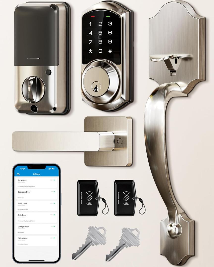 Veise Smart Front Door Lock Set, App Control, Keyless Entry Deadbolt with Lever Handle, Electronic Digital Touchscreen Keypad, Auto Lock, Easy Install, Satin Nickel