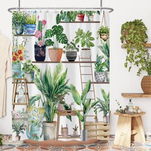 Bohemian Plant Shower Curtain, Spring Green Plants Flower Shower Curtain Set for Bathroom, Natural Arboretum Botanical Garden Fabric Bath Curtain with Hooks, 72x72in (72"W x 72"L (Pack of 1), 54)