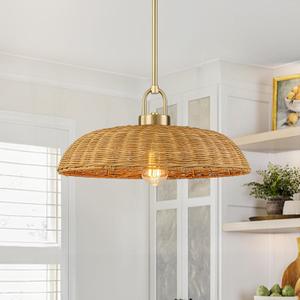 Lingkai 18.1'' Farmhouse Weaving Rattan Chandelier, Coastal Chandelier Hand Woven Rattan Dome Pendant Lighting Fixture Boho Natural Basket Hanging Light for Living Room Kitchen Dining Room