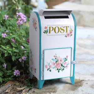 Vintage Wedding Mailbox Post Box Large Metal Wedding Decor Card Box Mail Boxes with Slot & Lid Flower Bird Design for Retro Antique Baby Birthday Shower Graduation Party Reception Gift (White)