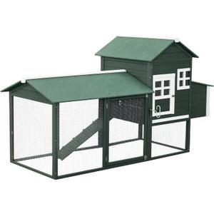 PawHut 84" Wooden Chicken Coop, Hen House Outdoor with Run Nesting Box, Asphalt Roof, Removable Tray, Ramp, Poultry Cage for 2-3 Chickens, Green