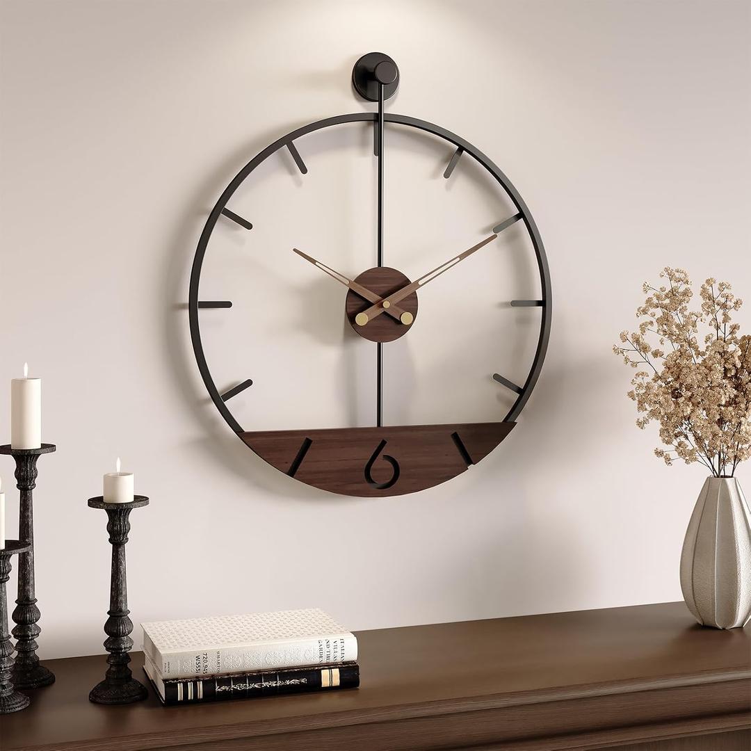 16 Inch Wall Clock, Modern Decorative Clock with Walnut Wood Dial, Silent Non-Ticking Battery Operated Black Metal Frame for Living Room, Kitchen, Office, or Bedroom Wall Decor, Black and Brown