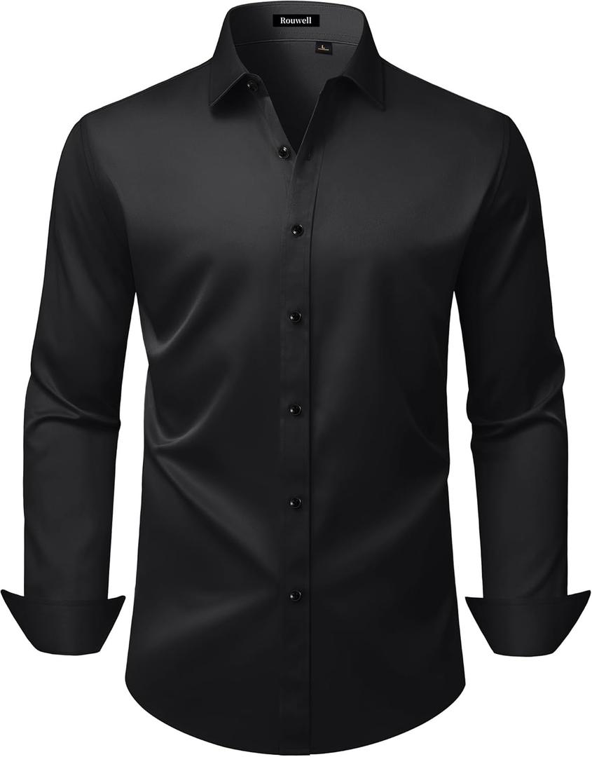 Mens Wrinkle Free Dress Shirts Regular Fit Business Button Down Shirt Formal Long Sleeve Wedding Stretch Shirts (Black, L)
