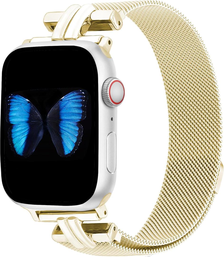 Slim Metal Band for Apple Watch Bands for Women 41mm 40mm 38mm 45mm 44mm 42mm 49mm, H-shaped Magnetic Strap Stainless Steel Mesh Clasp for iWatch Series 10 9 8 7 6 5 4 3 2 1 SE (Gold)
