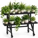 Metal Plant Stand with Wheels, 35.43" Wide 2-Tier Flower Pot Rack