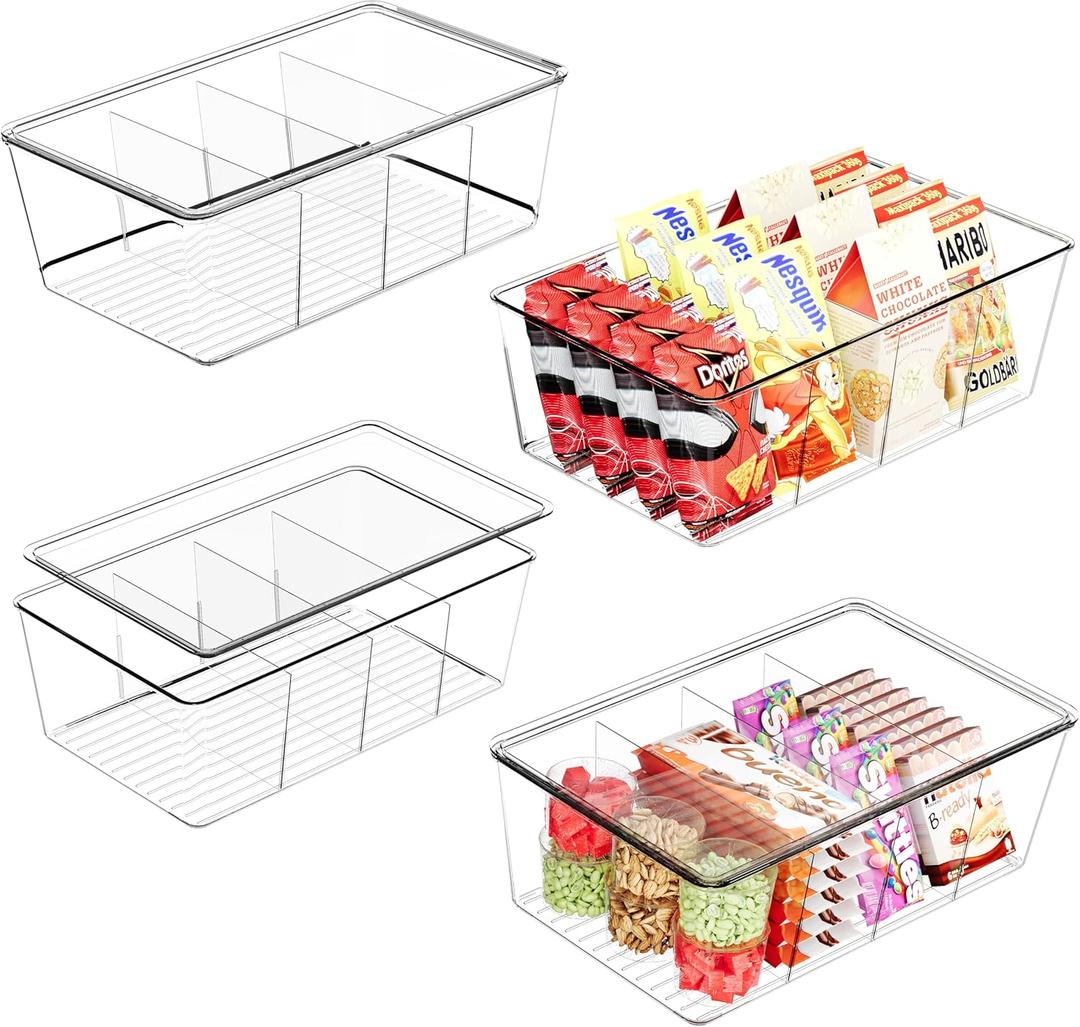 DCA 4 Pack Clear Food Storage Organizer Bin with Lid, 4 Compartment Pantry Organizer and Storage Container, Fridge Organizer, Ideal for Snacks, Packaged Foods, and Kitchen Shelves