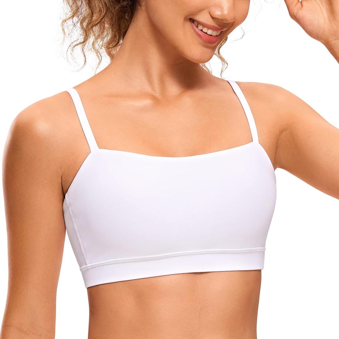 CRZ YOGA Butterluxe Womens Adjustable Spaghetti Thin Strap Sports Bra - Padded Wireless Square Neck Workout Yoga Bra White X-Large